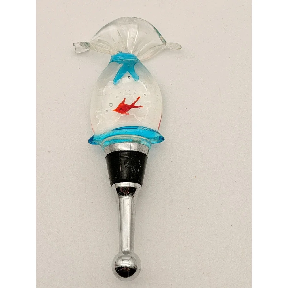 Hand Blown Glass Goldfish in a Bag Wine Bottle Stopper Nautical Aquatic Decor